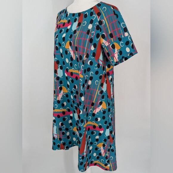 CROSBY by Mollie Burch Teal Pink Black Abstract Polka Dot Artsy Whit Dress Small - Picture 2 of 5